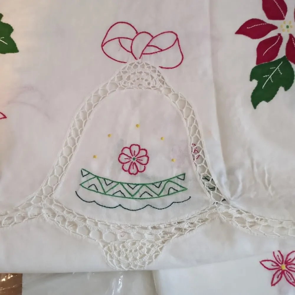 Vintage NWT Christmas Hand Embroidered Tablecloth and 12 Napkins Never Used